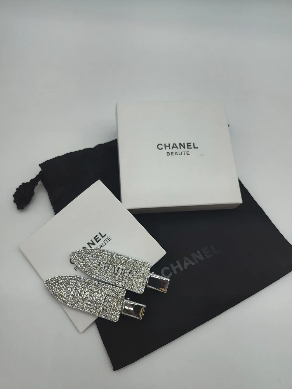 CHANEL Beauté Crystal Hair Clips Pair Box Dust Bag Silver Collectible Gift NWT
